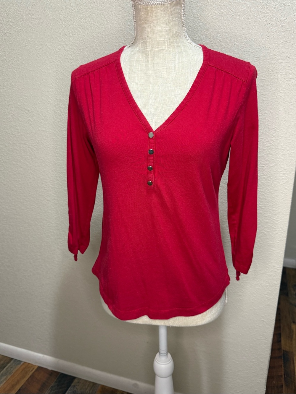 Karen Scott Petites - Women’s Red V-Neck Button Detail Top - Size PM
